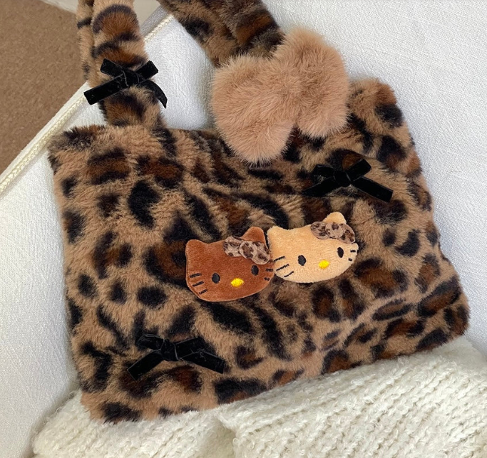 Hellokitty Leopard Print Cute Small Bags Plush Bag for Women Kawaii Carry on Bag Handbags