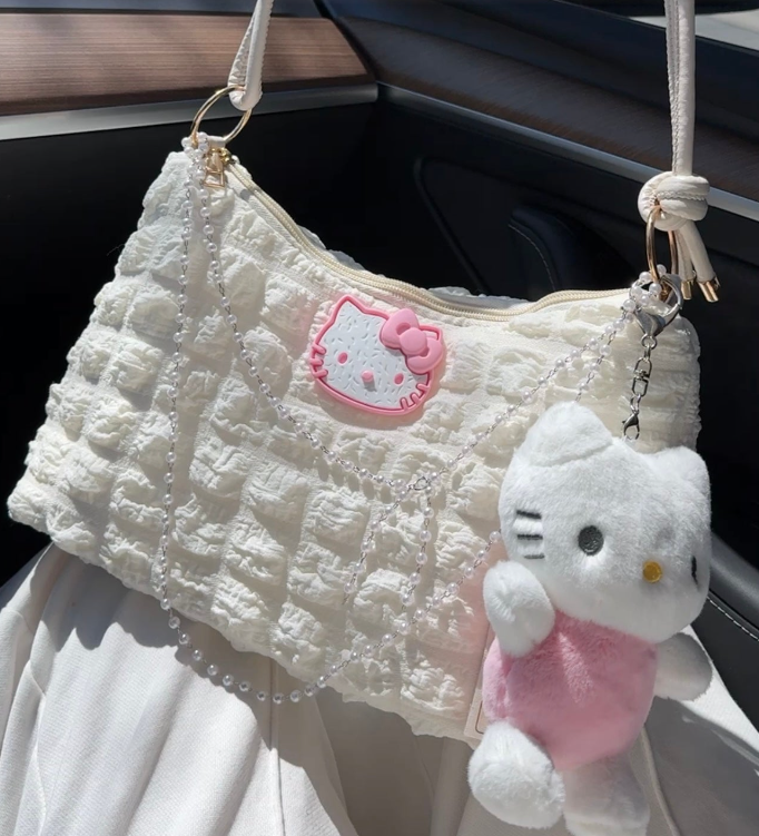 Hellokitty Pearl Chains Handbag Shoulder Bag Purse With Plush