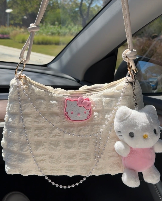 Hellokitty Pearl Chains Handbag Shoulder Bag Purse With Plush