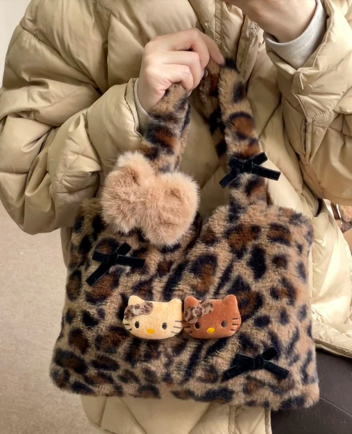 Hellokitty Leopard Print Cute Small Bags Plush Bag for Women Kawaii Carry on Bag Handbags