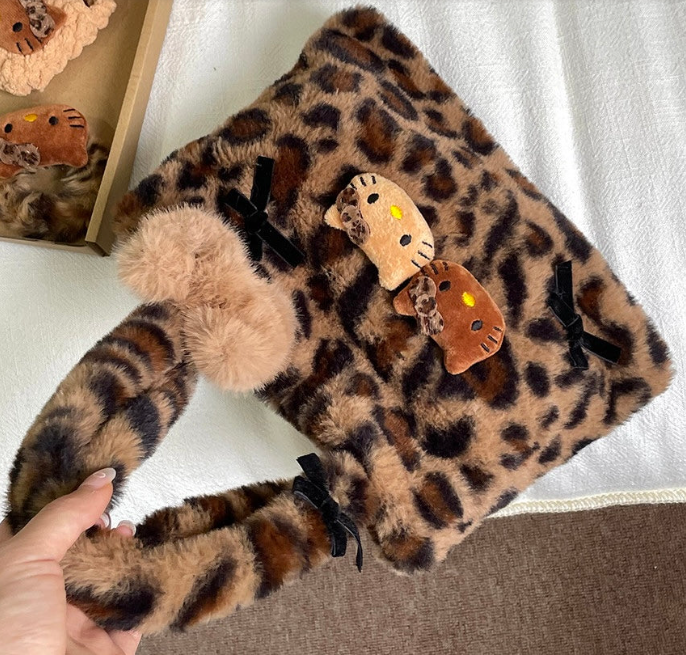 Hellokitty Leopard Print Cute Small Bags Plush Bag for Women Kawaii Carry on Bag Handbags