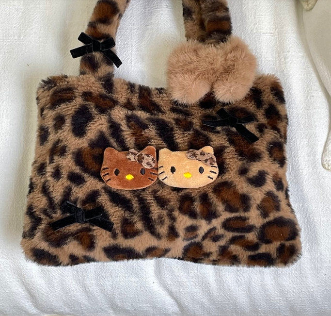 Hellokitty Leopard Print Cute Small Bags Plush Bag for Women Kawaii Carry on Bag Handbags