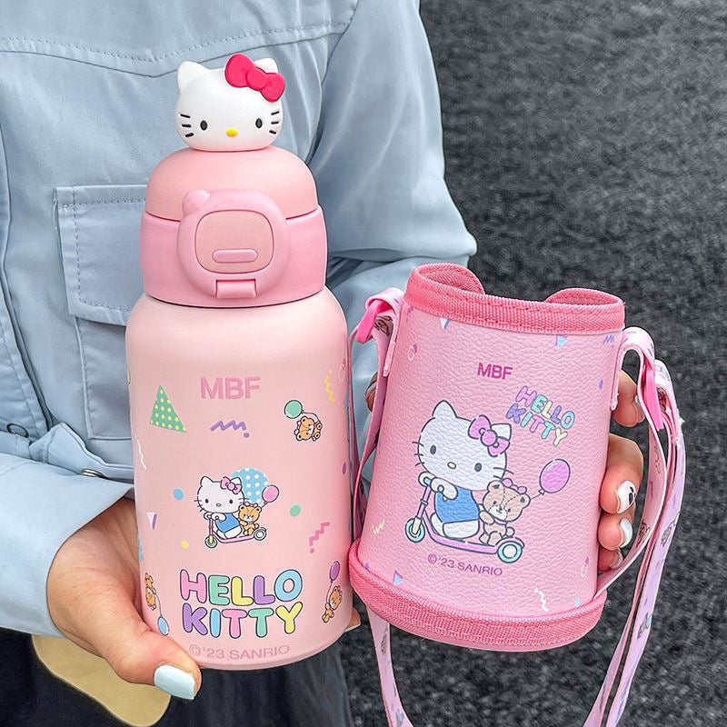 Sanrio Water Bottle insulated stainless steel thermos with PU Leather Sleeve, 20 oz Water Bottle Color Contrast with Straw Lids, Stainless Steel Metal Large Water Jug