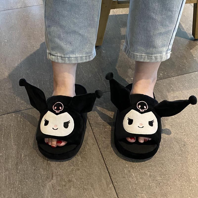 Sanrio Fuzzy Slippers House Slippers Open Toe Open Back FoamEar Moving Jumping Slippers with Rubber Sole for Women4.5 One Size