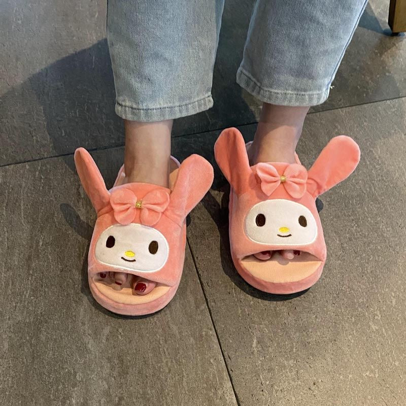 Sanrio Fuzzy Slippers House Slippers Open Toe Open Back FoamEar Moving Jumping Slippers with Rubber Sole for Women4.5 One Size