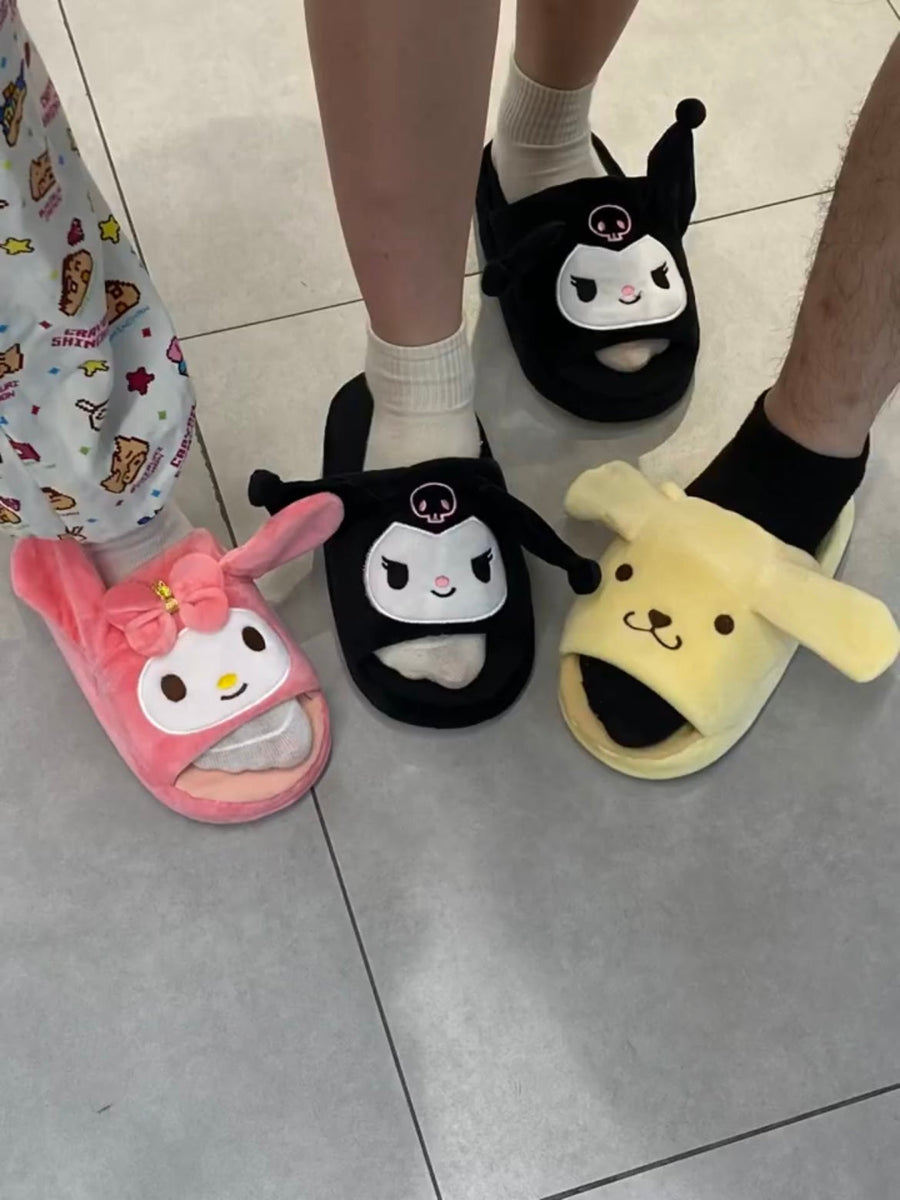 Sanrio Fuzzy Slippers House Slippers Open Toe Open Back FoamEar Moving Jumping Slippers with Rubber Sole for Women4.5 One Size