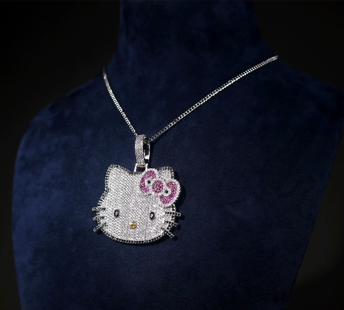 Hellokitty Sparkly Necklace Shiny Rhinestone Chunky Chain Necklace Punk Rock Style Costume Jewelry（Velvet Gift Box Packing）