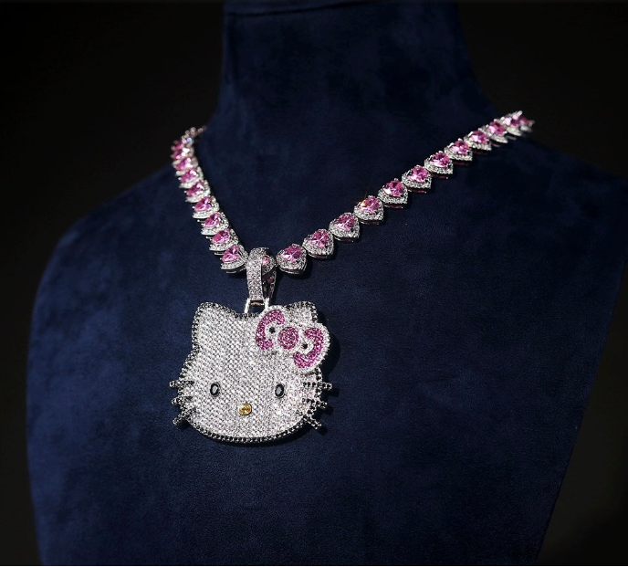 Hellokitty Sparkly Necklace Shiny Rhinestone Chunky Chain Necklace Punk Rock Style Costume Jewelry（Velvet Gift Box Packing）